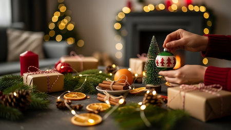 Woman decorating christmas tree with baubles on table at homeの素材