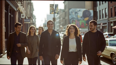 Group of young people walking in the street, looking at camera.の素材