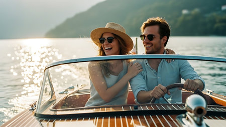 Beautiful young couple in sunglasses and hats driving a boat on the lakeの素材