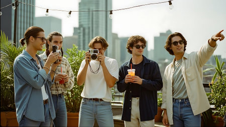 Group of young friends taking selfie with mobile phones on rooftop terraceの素材