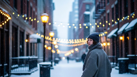 A young man in a winter coat walks along a snowy street in New York City.の素材