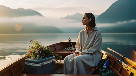 Beautiful woman sitting on a boat at the lake in the morningの素材