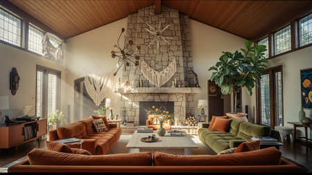 3D rendering of a cozy living room in a loft style with a fireplace and a sofaの素材