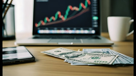 Dollars and laptop on the table. The concept of online trading.の素材