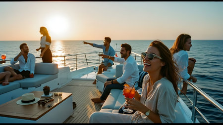 Group of friends having fun on a luxury yacht at sunset in summerの素材