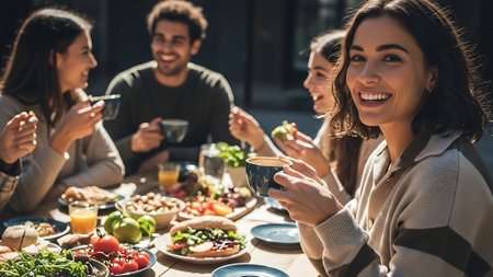 Group of friends having lunch together. They are sitting at the table and drinking coffee.の素材