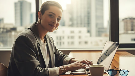 Beautiful businesswoman is using a laptop and smiling while sitting in cafeの素材