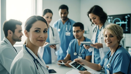 Group of doctors and nurses working in modern hospital. Medical healthcare staff and doctor service.の素材