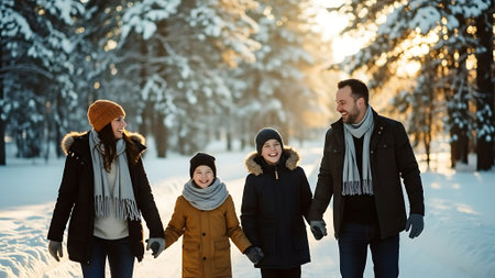 Happy family walking in winter forest. Mother, father and children having fun outdoors.の素材