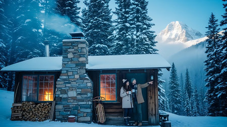 Couple standing in front of their chalet in the mountainsの素材