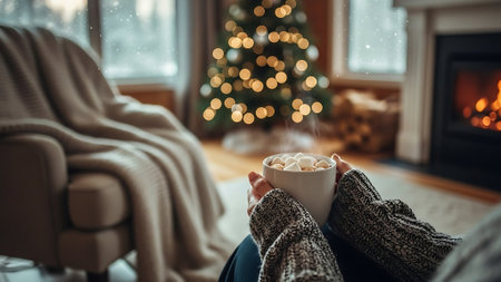 Woman in warm sweater holding cup of hot cocoa with marshmallows at cozy living room with christmas tree on backgroundの素材
