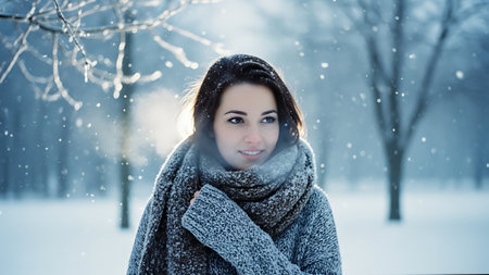 Beautiful young woman in winter forest. Beautiful girl in winter parkの素材