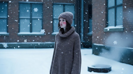 Beautiful girl in a gray sweater and hat on the street in winterの素材