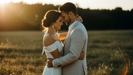 gorgeous wedding couple embracing and looking away in field at sunsetの素材