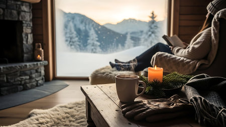 Cup of hot drink on wooden table near window with winter landscapeの素材