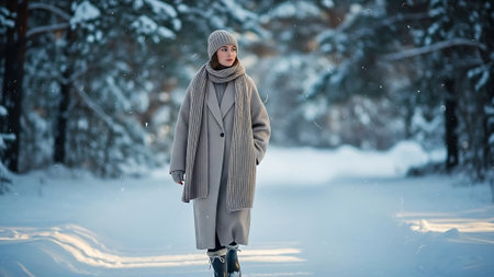 Beautiful young woman in a gray coat walks in the winter forest.の素材