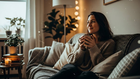 Attractive young woman sitting on the sofa and drinking coffee at home.の素材