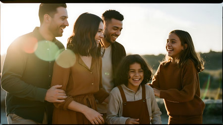 Group of happy young friends looking at each other and smiling while standing outdoorsの素材
