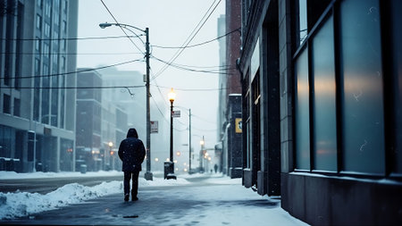 Man walking on a snowy street in the city, looking at the cameraの素材