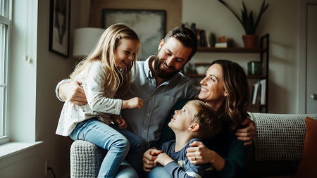 Happy family with two children sitting on sofa in living room at homeの素材