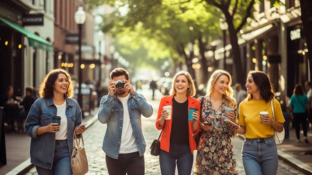 travel, tourism, friendship and people concept - group of smiling friends with coffee cups walking in cityの素材