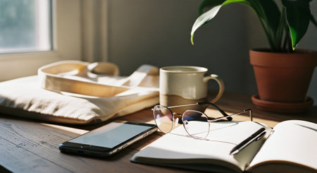Close up of a cup of coffee, notebook and glasses on a wooden tableの素材