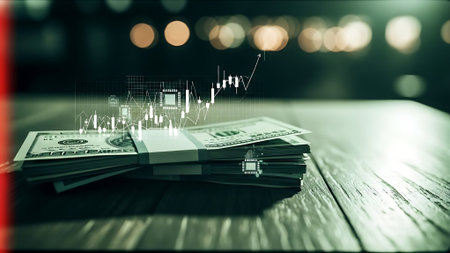 Double exposure of stack of dollar banknotes and stock market graph on wooden table with bokeh backgroundの素材