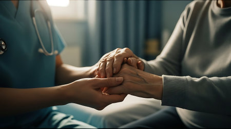 Close-up of doctor holding hands of senior woman in hospital wardの素材