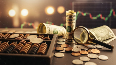 Dollars, magnifying glass and coins on the table.の素材