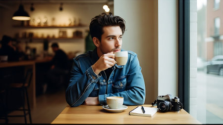 Young handsome man drinking coffee in cafe. Handsome guy with stylish hairstyle in denim jacket sitting in cafe and drinking coffee.の素材