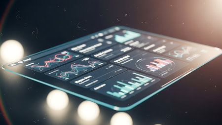 Futuristic touch screen with financial charts and graphs. 3d renderingの素材