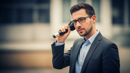 Handsome young businessman in suit and eyeglasses talking on mobile phoneの素材