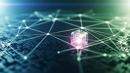 3D rendering of a virtual cube with a network on the backgroundの素材