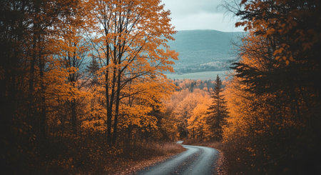 Autumn forest road in the mountains. Beautiful landscape with autumn treesの素材