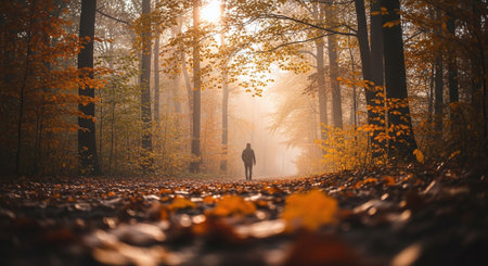Man walking in the autumn forest. Foggy morning in the forest.の素材
