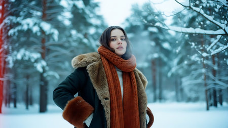 Beautiful young woman in the winter forest. A girl in a warm coat and scarfの素材