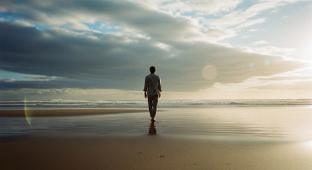 Rear view of a young man walking on the beach at sunsetの素材