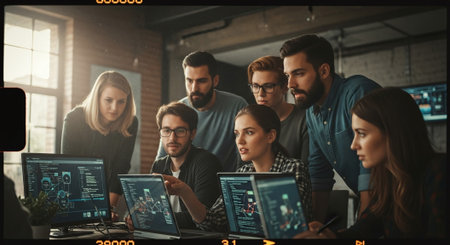 Group of young business people in smart casual wear working and communicating in modern office.の素材