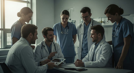 Group of doctors discussing something while sitting at the table in hospital.の素材