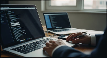 Programmer working on laptop at workplace. Programmer programming code on computer. Software development.の素材