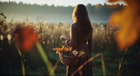 Beautiful young woman with a basket of autumn leaves in the fieldの素材