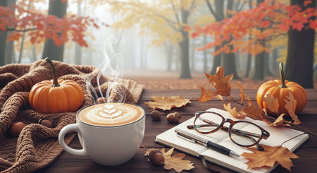 Coffee cup, autumn leaves, notebook, glasses and pumpkin on wooden tableの素材
