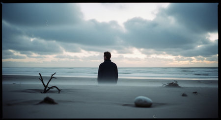 Silhouette of a young man standing on the beach at sunsetの素材