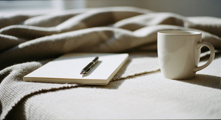 Cup of coffee and notepad on the bed in the morningの素材