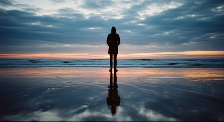 Silhouette of a man standing on the beach at sunset.の素材