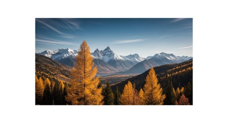 Mountain autumn landscape with colorful larch trees and blue sky.の素材