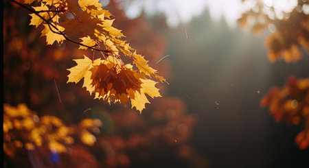 Autumn maple leaves in the sunlight on the background of the forestの素材