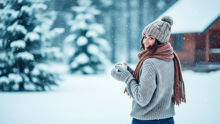 Beautiful young woman in knitted sweater and hat on winter backgroundの素材