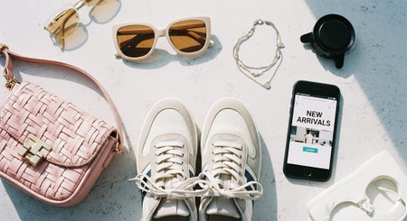 High angle view of sneakers, sunglasses and smartphone with social media app on screenの素材