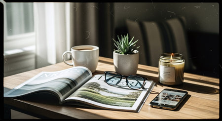 Coffee cup with book and glasses on wooden table in morning lightの素材